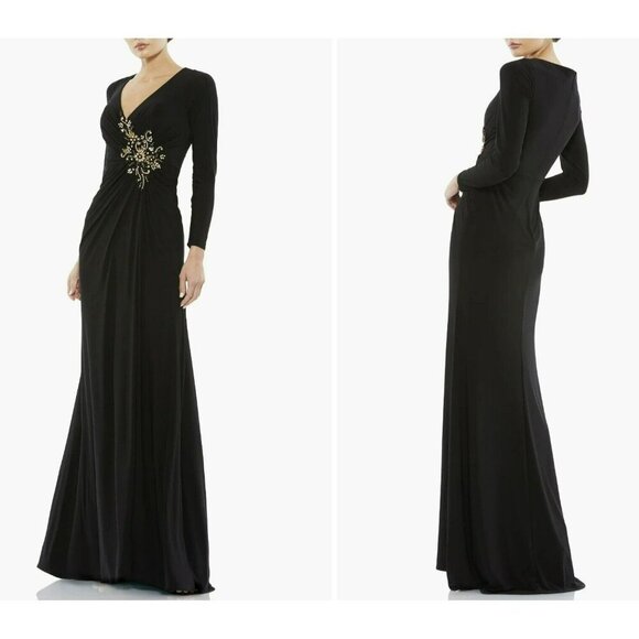 Mac Duggal Maxi Dress Black Formal Long Sleeve Embellished Gown Sz 16 NWT - Picture 1 of 8
